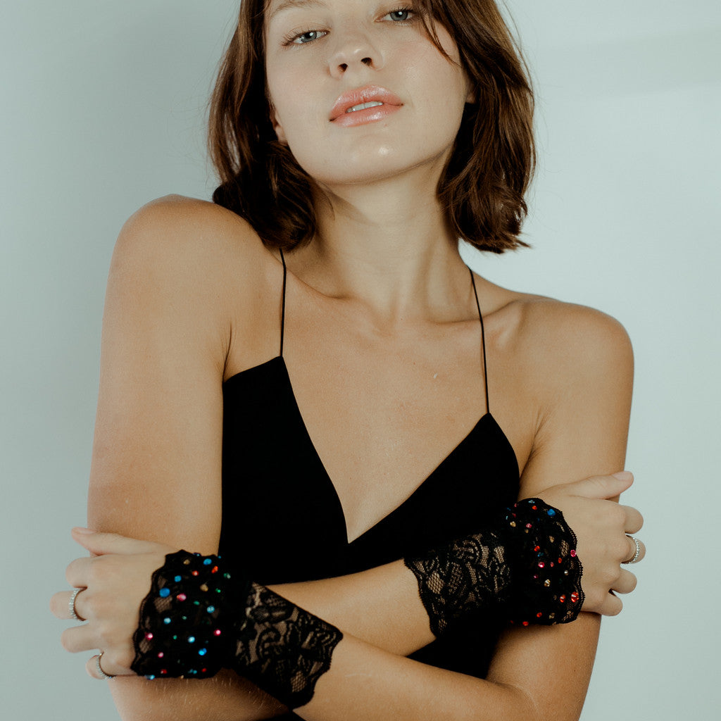 Black Lace Cuffs with Rainbow Crystals