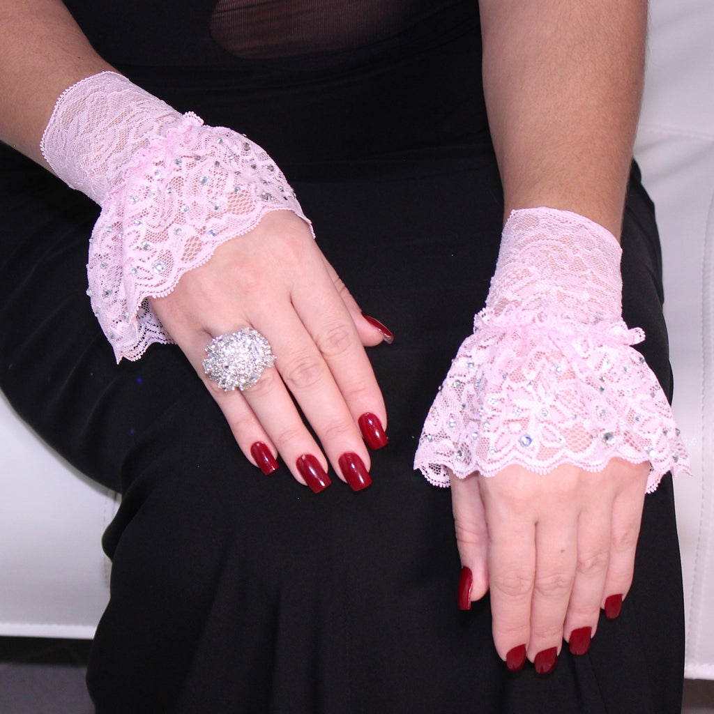 Pink Lace Cuffs with Clear Crystals