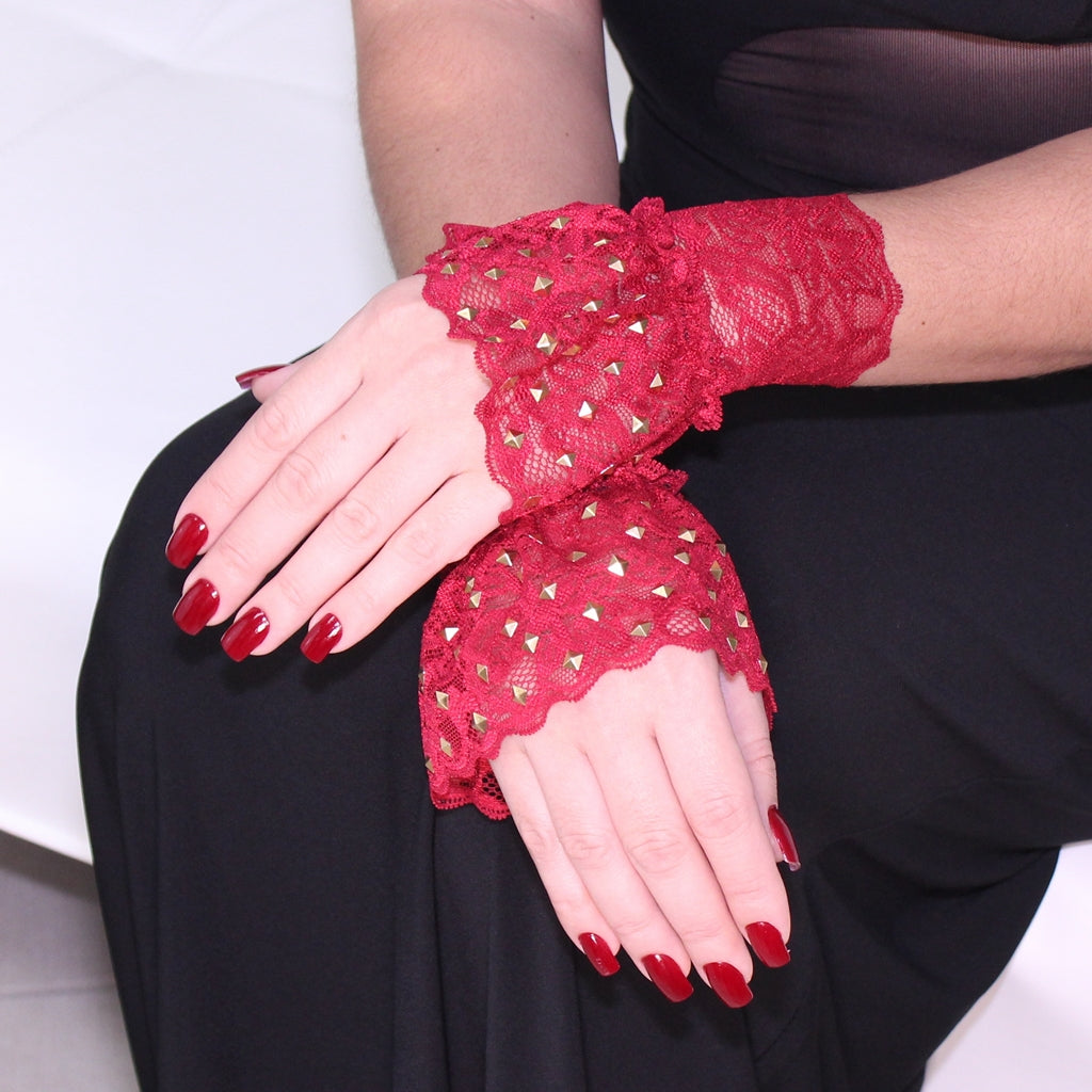 Red Lace Cuffs with Gold Rockstuds